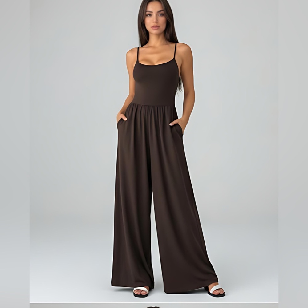 Boho Spaghetti Strap Wide Leg Jumpsuit With Pockets Brown - Picture 3 of 9